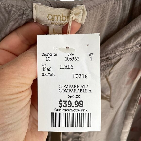 NWT AMBRA Made In Italy Silk Top Long Sleeve Floral Lace Gray Fango Womens Large - Picture 7 of 13